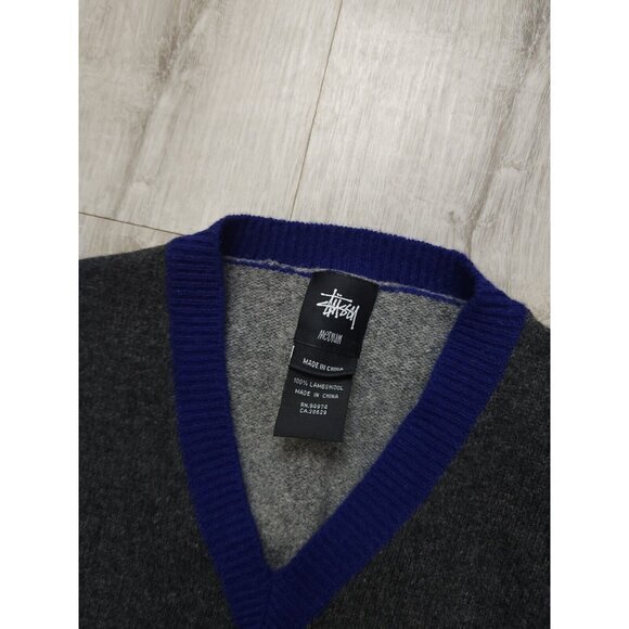 Stussy 100% Lambswool V Neck Long Sleeve‎ Sweater Colorblock Mens Medium - Picture 6 of 9